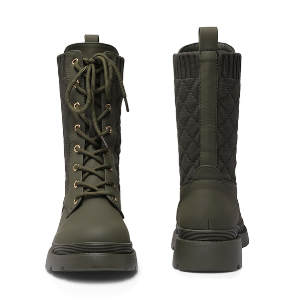 Knitted Leather Combat Ankle Boots - DARK GREEN - 4
